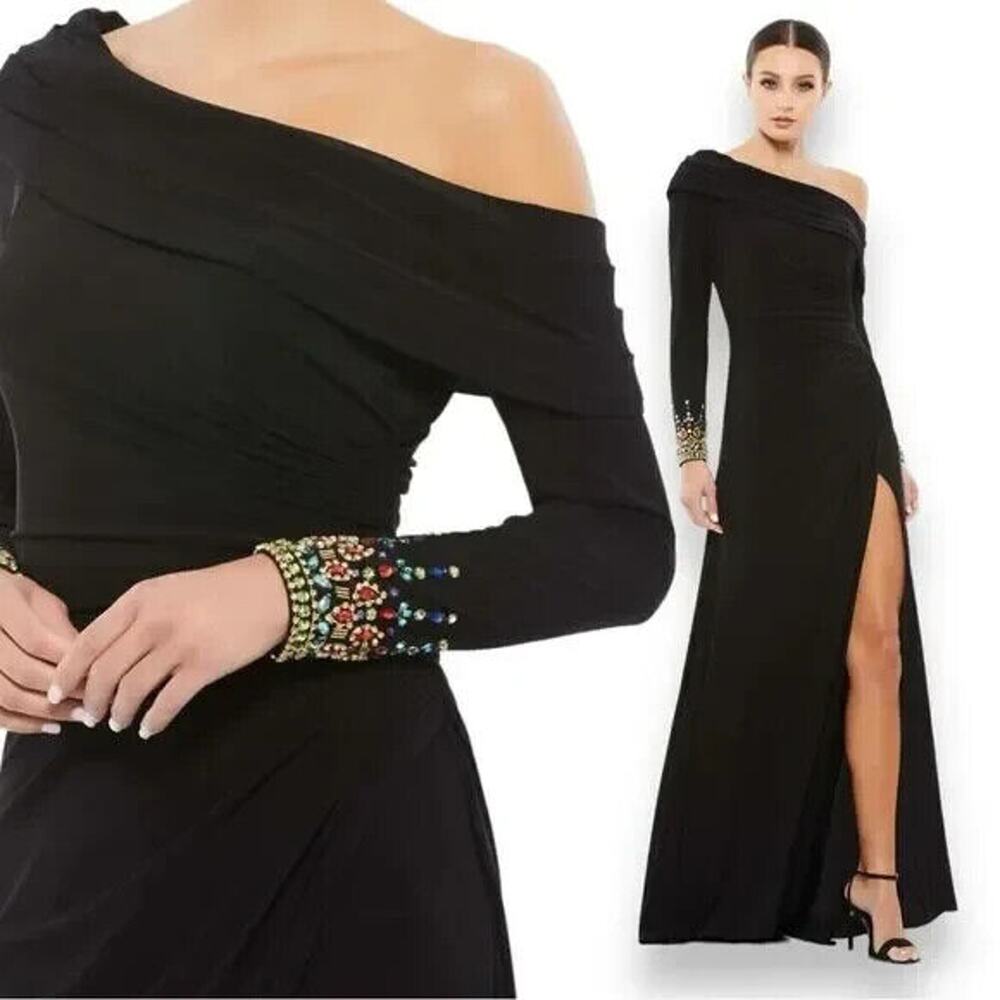 NWT MAC DUGGAL 12231 Beaded Cuff‎ Drop Shoulder Long Sleeve Gown Dress Black